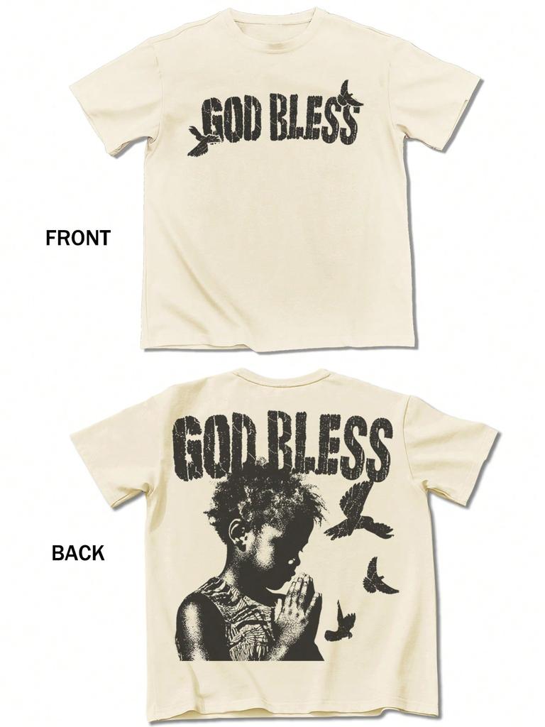 T-shirt da uomo con stampa grafica di lettere GOD BLESS, girocollo, manica corta, design street, abbigliamento casual, adatta per coppie