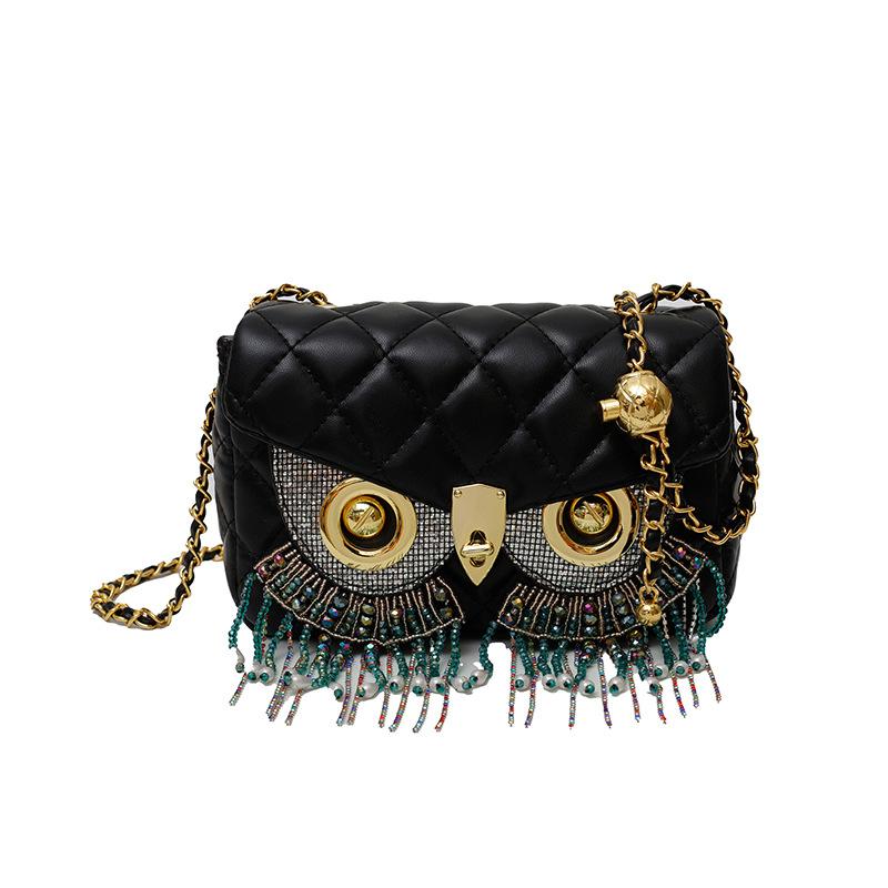Xiaoxiangfeng diamond bag 2025 new European and American fashion rhinestone fringed shoulder bag women's owl small square bag