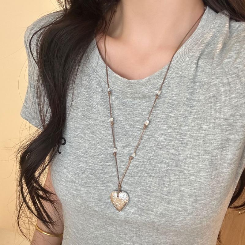 Korean Ins Style Simple Long Adjustable Beaded Heart Pendant Necklace For Women