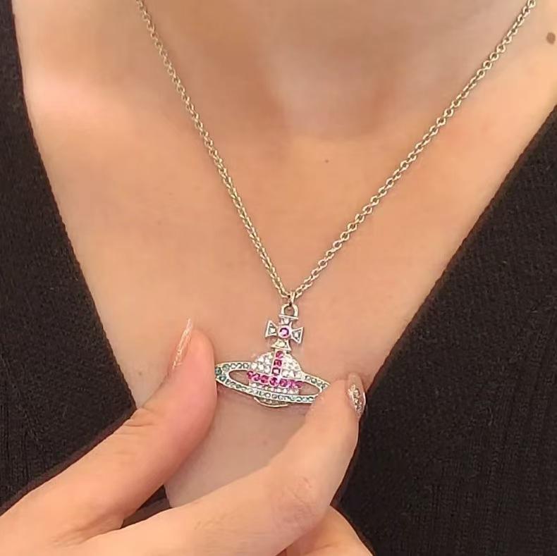 Kaiserinwitwe Leichter Luxus Diamant Saturn Halskette - Vielseitige Schlüsselbein Kette für Damenmode