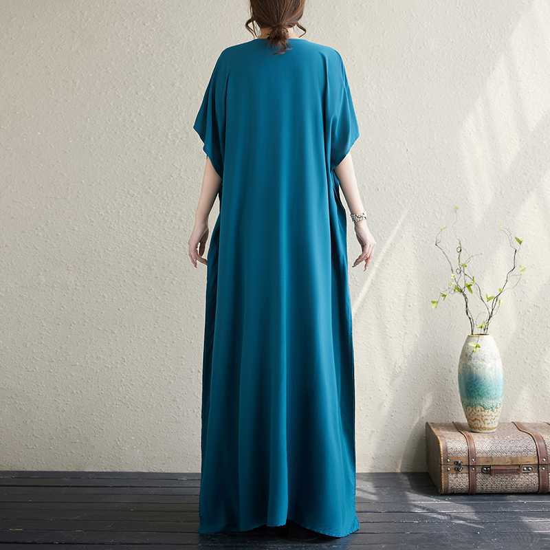 Kobiety Plus Size Vintage Haft V-neck Rękaw Nietoperz Sukienka Maxi Letnia Luźna Plażowa Boho Sukienki Wakacyjne