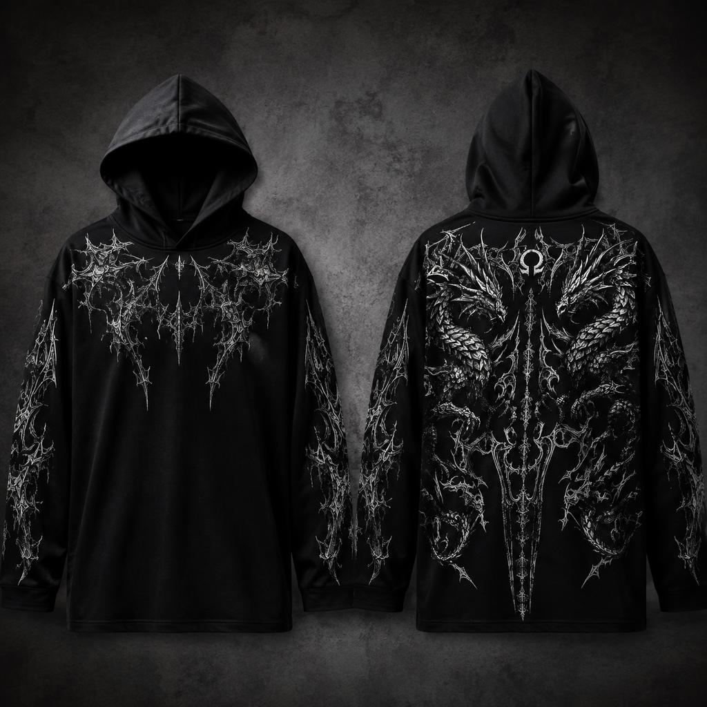 Hanorac Pulover Supradimensionat din Poliester pentru Bărbați 2026, Gothic Y2K Death‑Metal Craniu Demon Spinos Punk Întunecat Streetwear Hanorac cu Imprimeu
