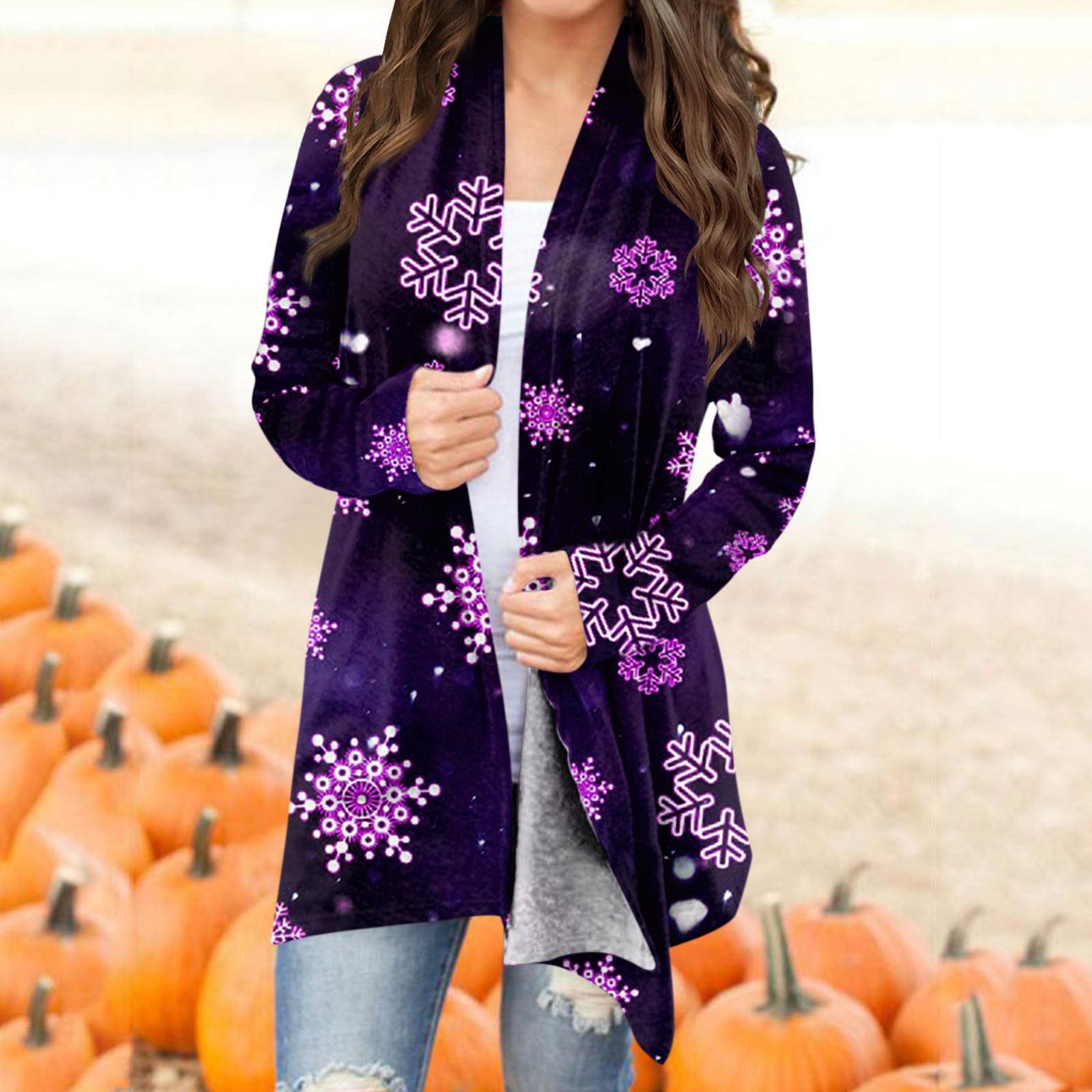 

Женская мода, повседневный рождественский принт, кардиган средней длины, куртка, пальто S фиолетовый