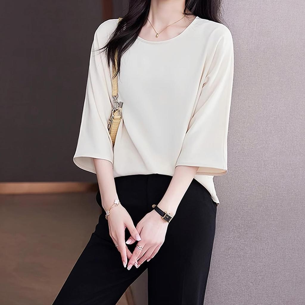Bluse für lockeren Sommer-Business [Lalapala] Damen, 3/4-Ärmel, Sommer, Chiffon, Oberteil, Passform, Schlicht, Dünn, Seidig, Pullover, Anzug, Unterwäsche, Seidig,