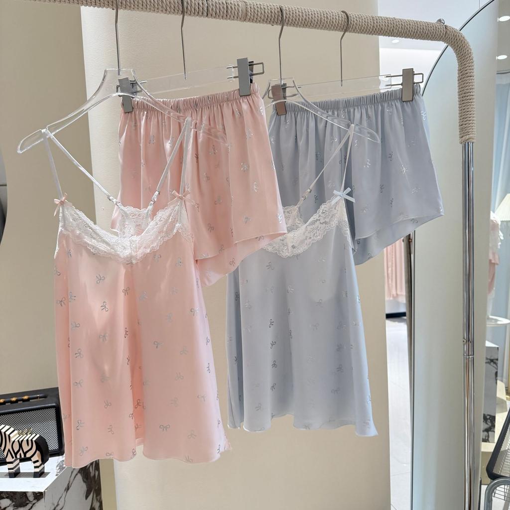 Spring and summer new sweet women's sexy pajamas ice silk suspenders shorts imitation silk set home out thin