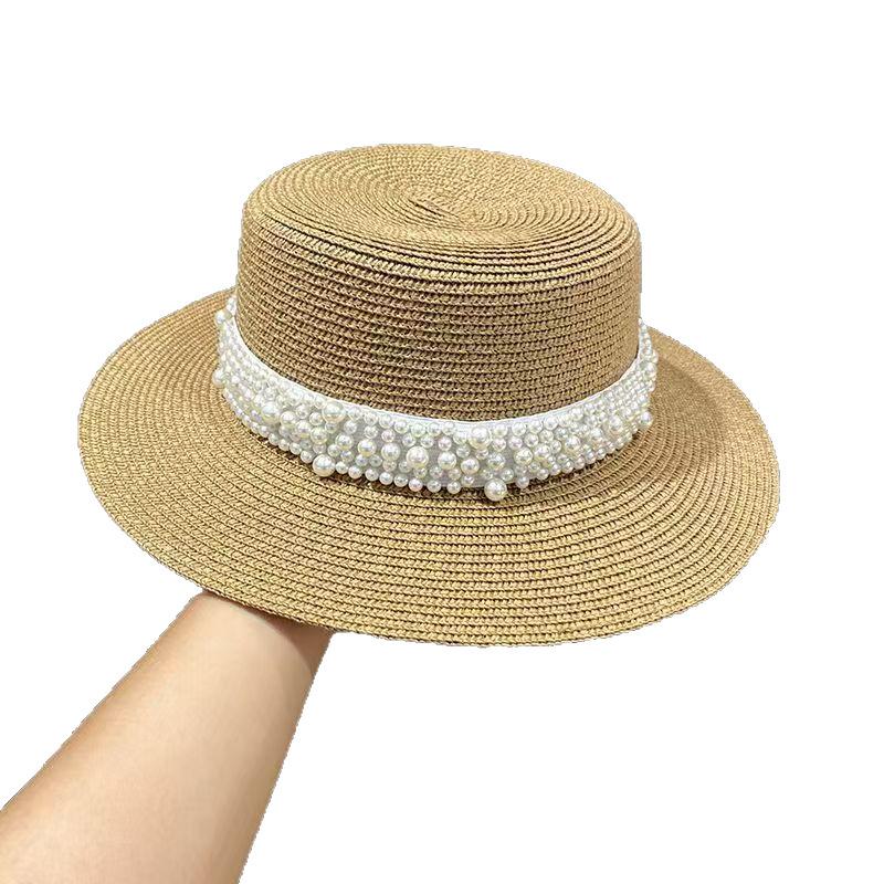 South Korea pearl flat top straw hat women travel vacation sunscreen fashion versatile top hat summer hat tide straw weaving
