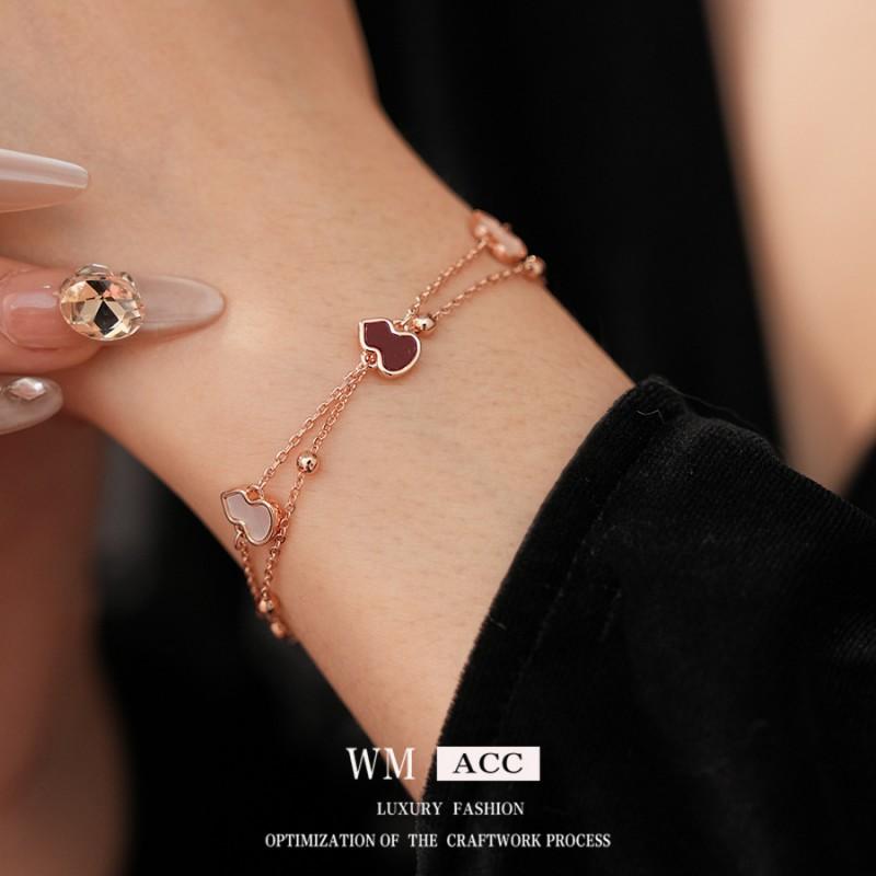Double Layer Pendant Bracelet Women Rose Gold Plated Copper With Red Enamel Vintage French Chic Style Geometric Design