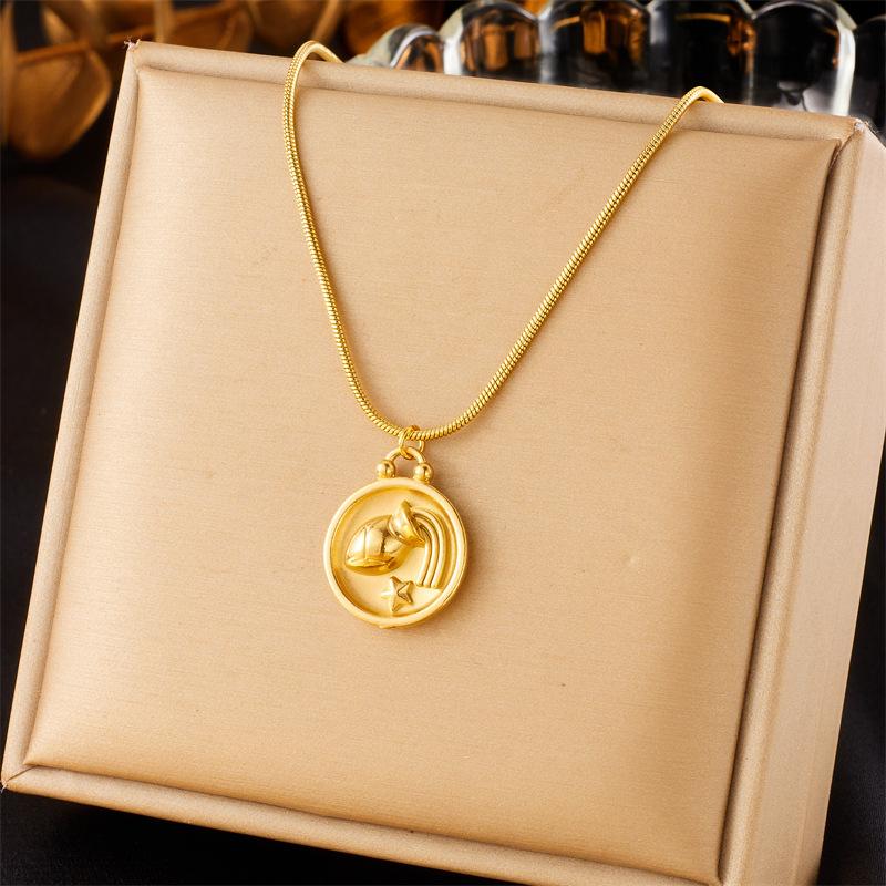 Retro New Round Double Sided Wearing 12 Constellation Pendant Titanium Steel Necklace Jewelry