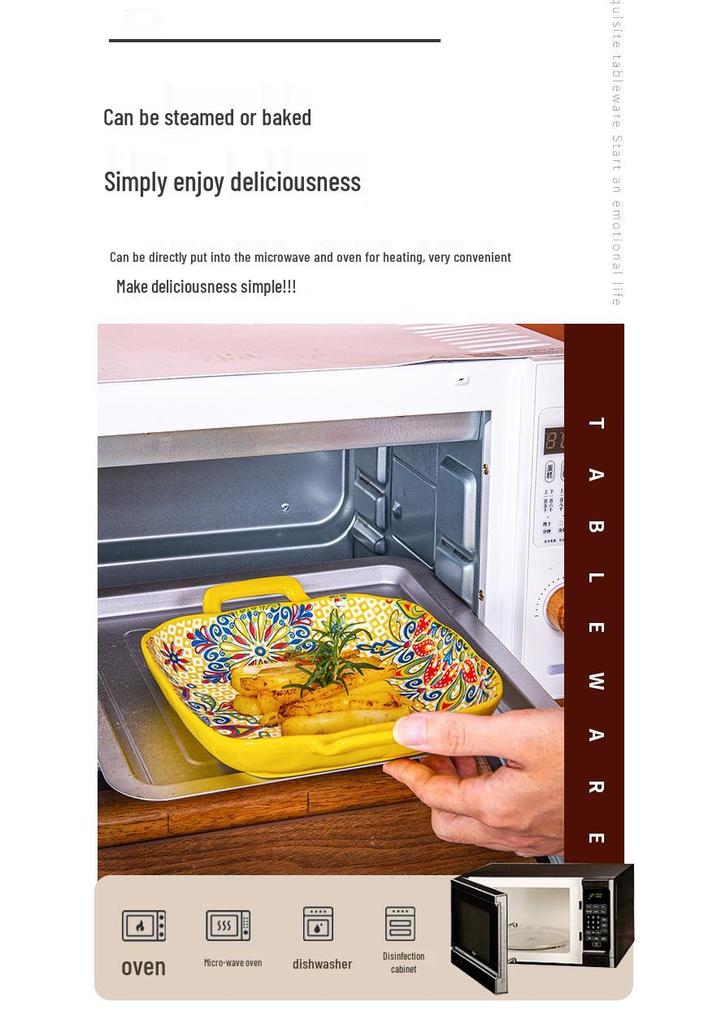 Bohemian Čtvercový keramický jídelní talíř se dvěma uchy - Kreativní, Trendy miska na ovoce