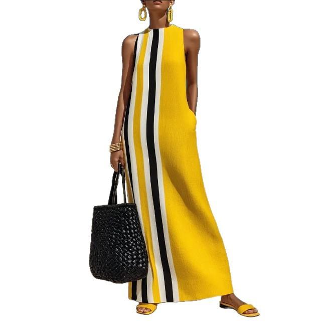 Women's new European and American casual vacation style blended dress contrasting color printing round neck sleeveless long dress