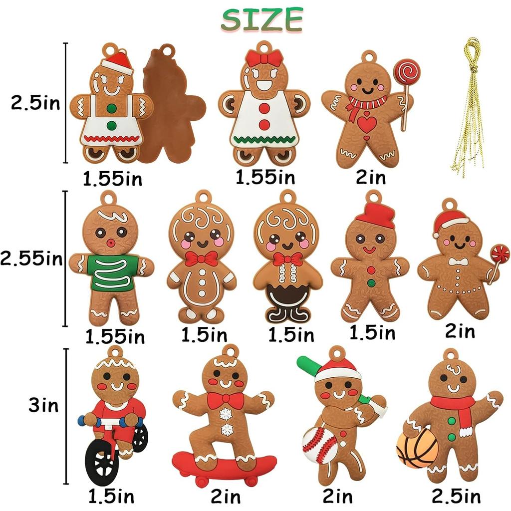 12pcs Gingerbread Man Ornaments for Christmas Tree, Assorted Plastic Gingerbread Figurines Ornaments, Christmas Tree Hanging Decorations, 3 Inch Tall