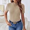 Wiosna i Lato Jednokolorowe Paski Dzianinowe Bluzki z Krótkim Rękawem Nisza Półwysoki Kołnierz Dopasowane Damskie T-shirty