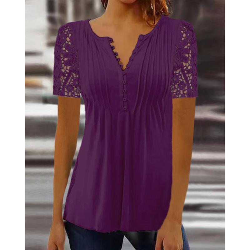 Neues Sommer Lochmuster Kurzarm Einfarbig Spitze Lockeres Hemd Damen Mode Bedruckt Übergröße Lässige Bluse Damen Elegant Floral V-Ausschnitt Hemden Tops 26583