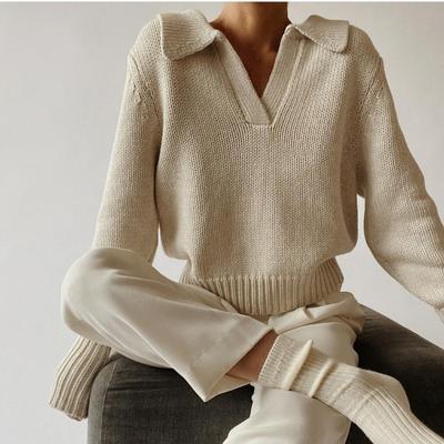 Polo Collar Loose Sweater Women's Casual Knitted Pullover Long Sleeved Warm Solid Color Top Simple Commut Fashion Casual Sweater Autumn Winter