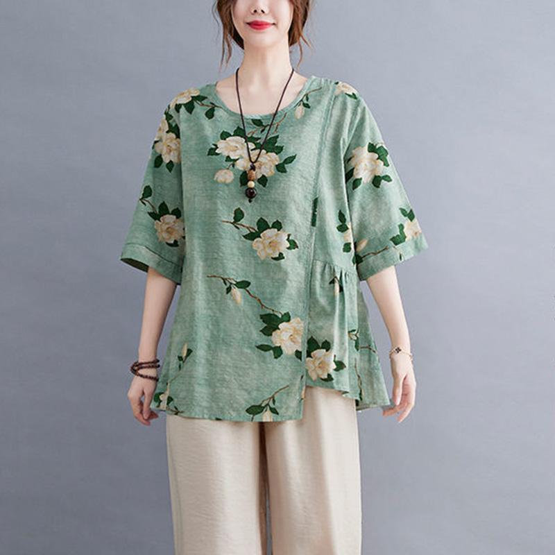 Women's Summer Round Neck Short Sleeve T-shirt Loose and Thin Casual Cotton Linen Graphic Shirt Leisure Blouse Tops