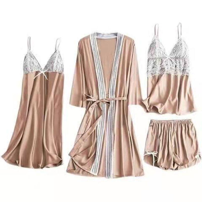 

Women s Pajamas Four Piece Set Home Wear Lace Lace Spaghetti-Strap Pajamas Four-Piece Set for Women Water Blue S