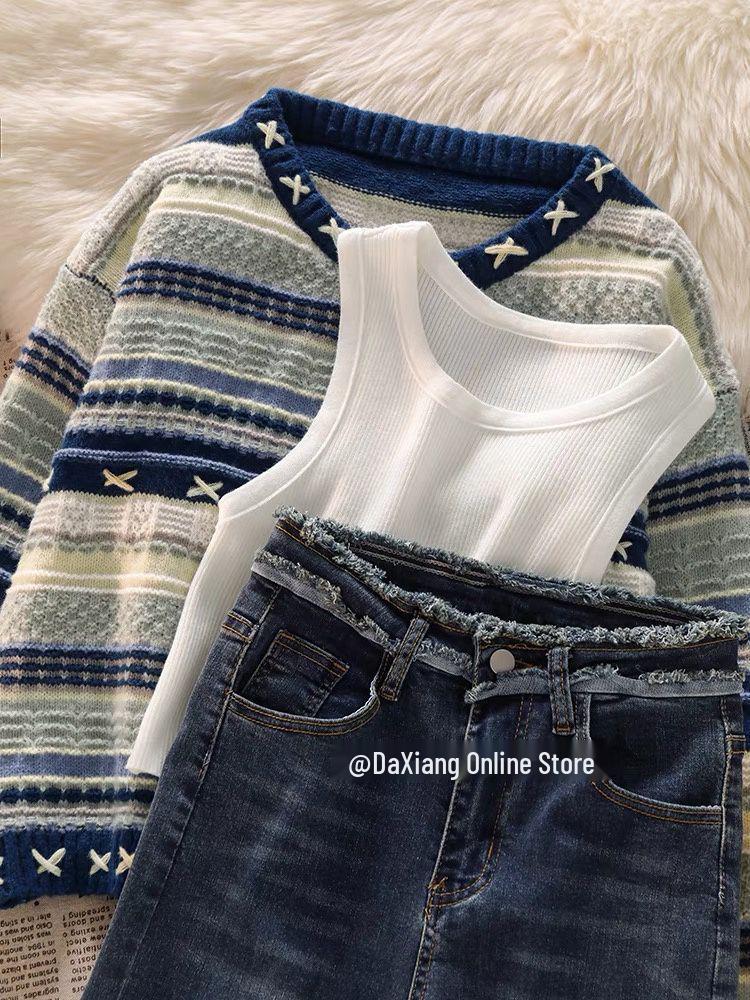 Retro Koreanischer Strick-Cardigan und Schlagjeans Set für Damen
