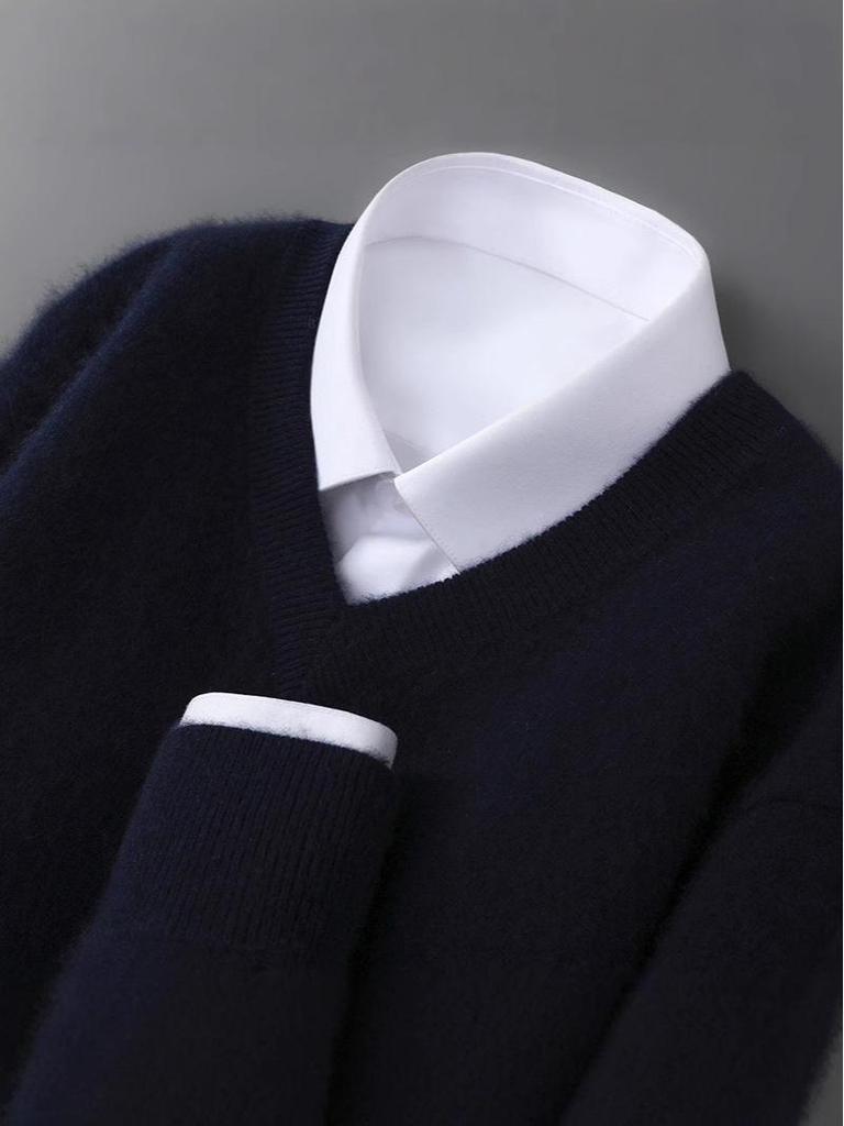 Men's Pure Wool V-Neck Sweater - Loose Fit, Plus Size, Cashmere Blend, Autumn/Winter Collection