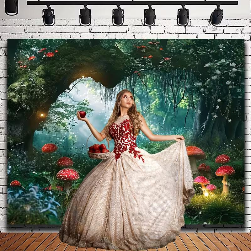 2D Fantasy Fairycore Wandteppich Verzauberter Grüner Wald mit Roten Pilzen Wandkunst