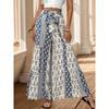 Casual Vacation Style Lace-up Geometric Floral Print Wide-leg Pants for Women