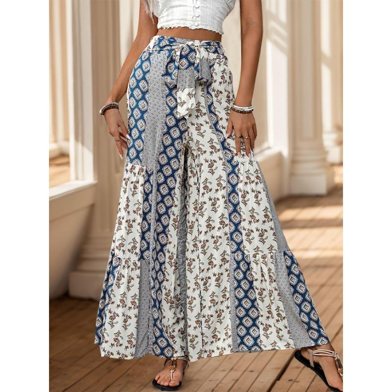 Casual Vacation Style Lace-up Geometric Floral Print Wide-leg Pants for Women