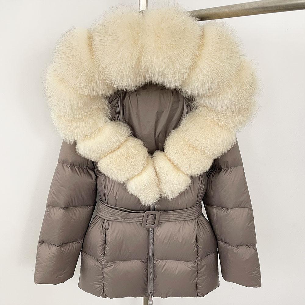 OFTBUY 2024 Jachetă albă din puf de rață, groasă, caldă, 90%, jachetă de iarnă pentru femei, cu guler de blană de raton naturală, cu glugă, casual