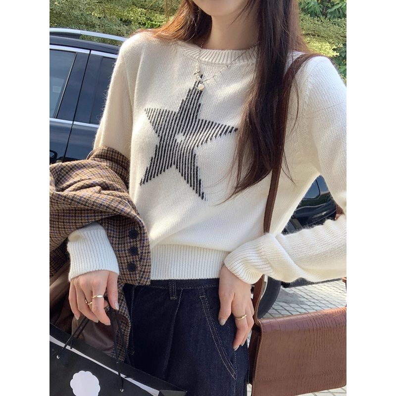 Kumikumi Sweet Style XINGX Print Round Neck Temperament Long Sleeve Knitwear Women's Clothing Autumn Loose All-Matching Top