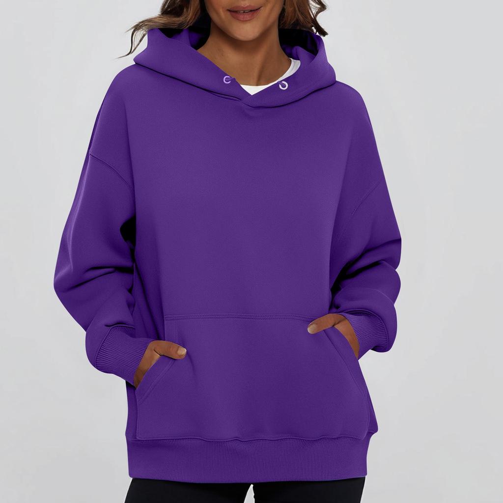 Ladies' Fashionable Solid Color Casual Hooded Pocket Long Sleeved Top