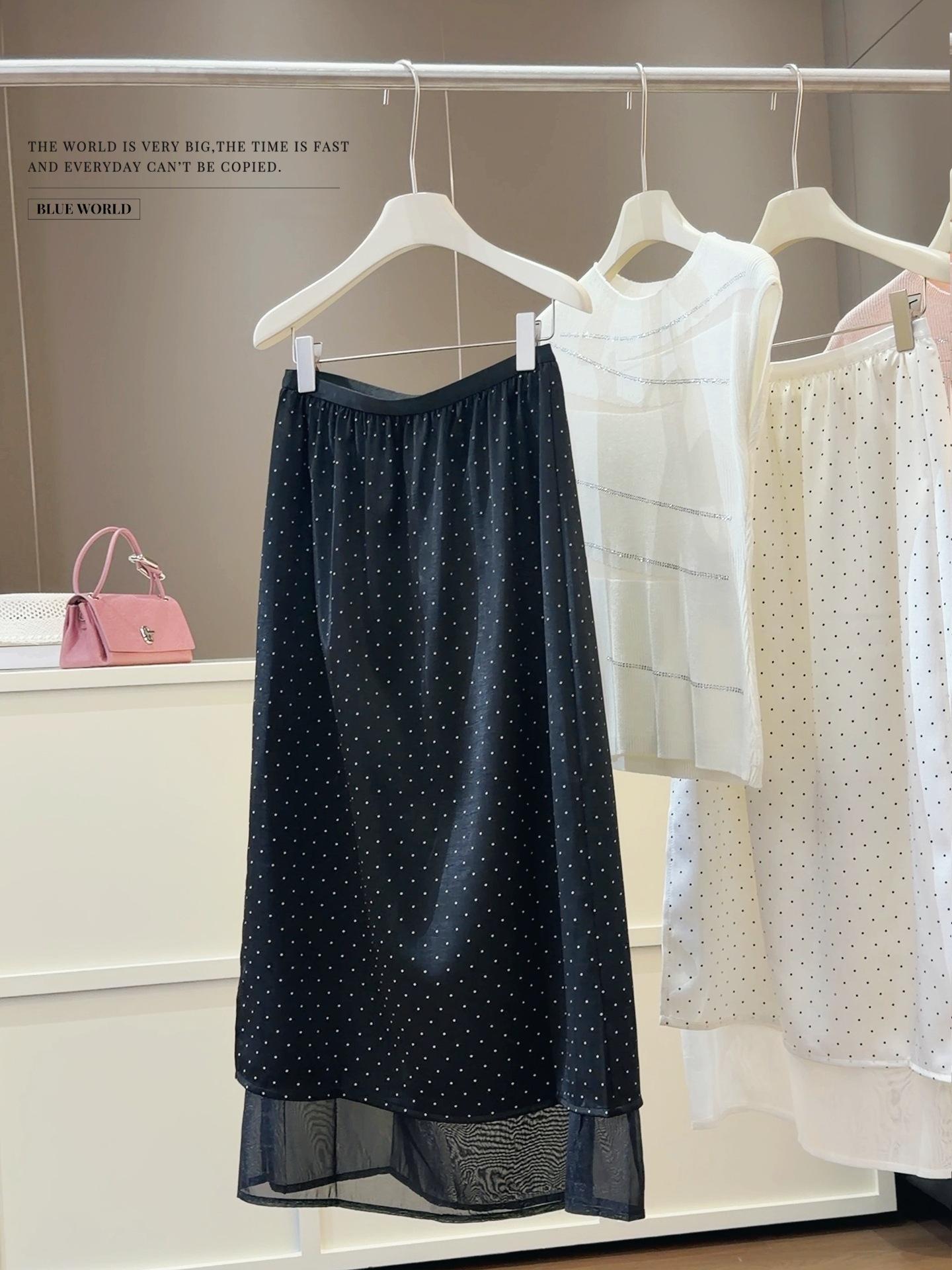 Women s Elastic Waist Midi Skirt A Line Skirt Polka Dot Satin Mesh Splicing Elegant Summer Bottoms M
