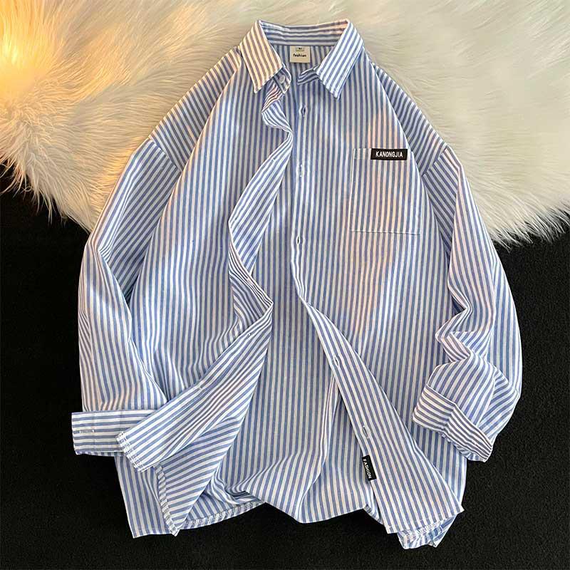 

Spring & Autumn Vertical Striped Long Sleeve Men s Shirt: Pique Casual Hong Kong, Korean & Japanese Yuppie Style for Teens S синий