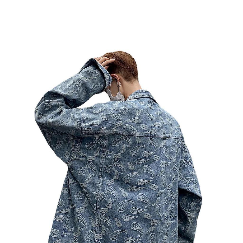 Men's Autumn Korean Style Distressed Denim Jacket - Jacquard, Loose Fit, Casual, Handsome, Plus Size.