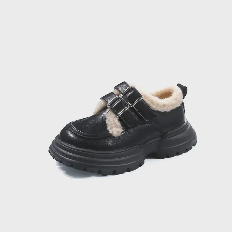 Zimní 2024 Trendy dětské kožené boty: Teplé, s tlustou podrážkou, s plusovým sametem, bavlněná špička pro chlapce a dívky