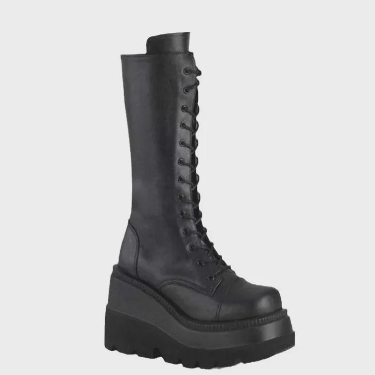 Women's Gothic 43 Size Thick-Soled Motorcycle Knight Boots - Big Head, Slim High, Knee-Length