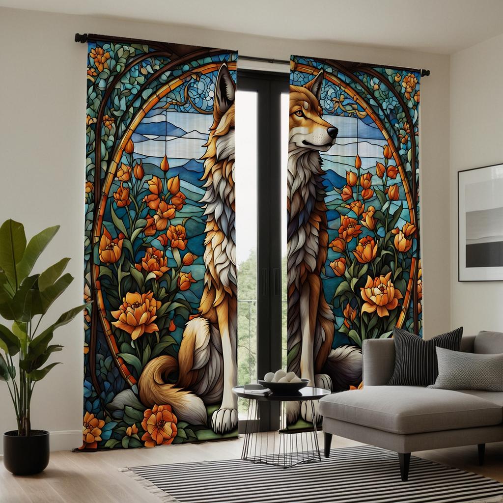 2pcs HD color flowers Lone Wolf decorative curtain Yellow tie digital printed curtain home decoration style decoration living