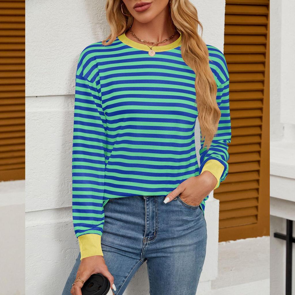Kadın Altlık Gömlek Sonbahar ve Kış Yeni Moda Kontrast Renkli Bol Yuvarlak Yaka Çizgili Uzun Kollu Üst