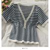 Fashion Summer Temperament Versatile Striped V-neck Pearl Buttons Short Paragraph Short-sleeved Knit Shirt Tops Female Casual Slim Fit Pullovers Tees