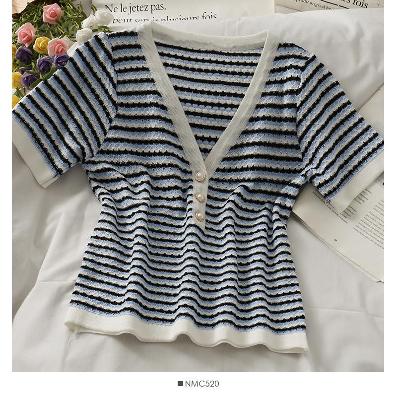 Fashion Summer Temperament Versatile Striped V-neck Pearl Buttons Short Paragraph Short-sleeved Knit Shirt Tops Female Casual Slim Fit Pullovers Tees