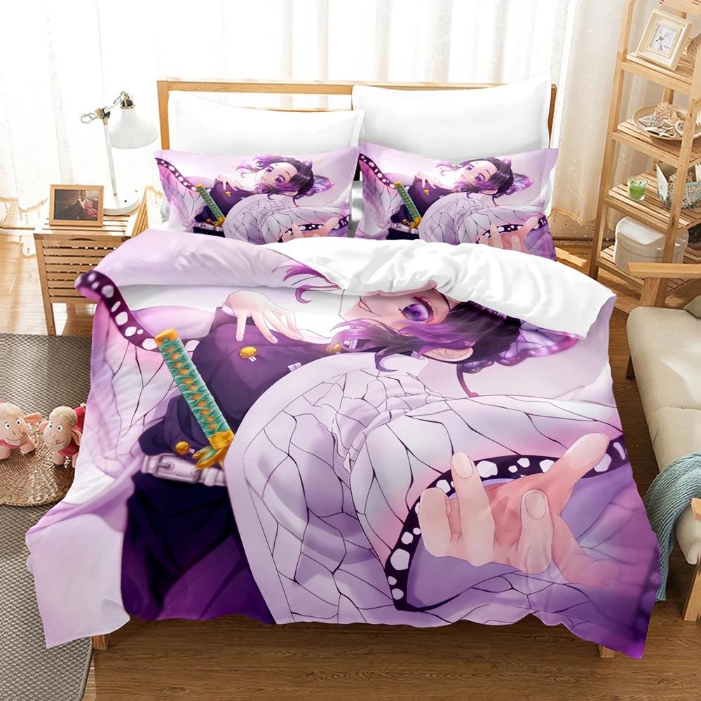 3D Pattern Print Pattern Kochou Shinobu Bed Linen Anime Demon Slayer Bed Ensemble 135x200 Teens Boys Twin Size Single Size Queen Dimension King