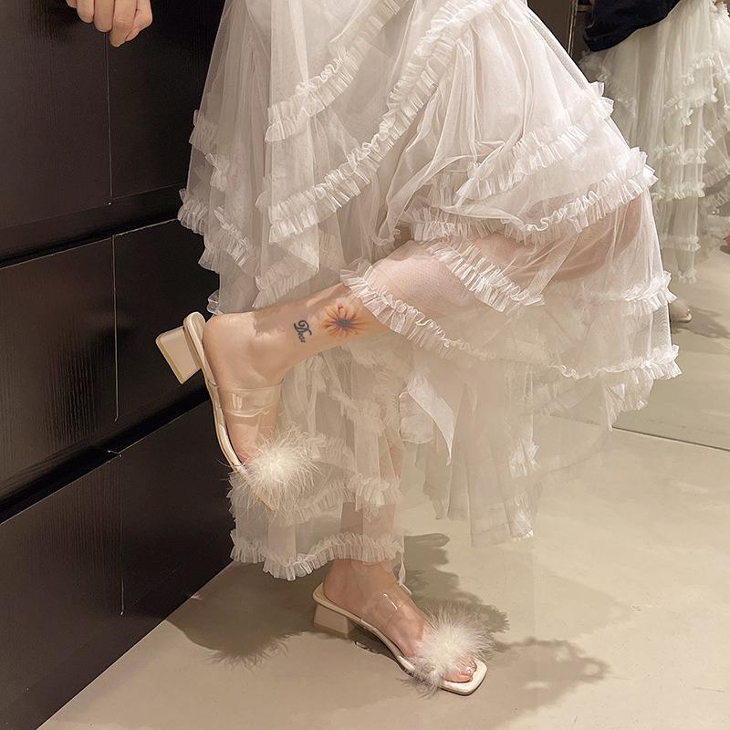 Beautiful fluffy cool slippers women's summer wear new fashion crystal thick high heel one-word drag