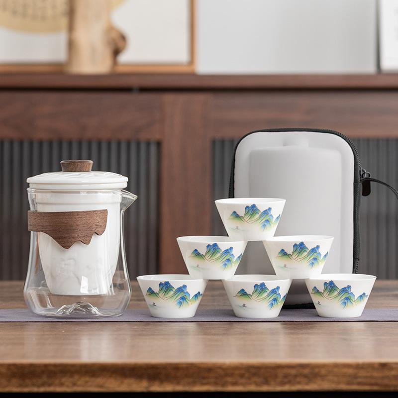 Jade porcelain travel tea set, a pot of six cups set, gifts for the company's business annual meeting, gifts for leaders, teachers, and fathers