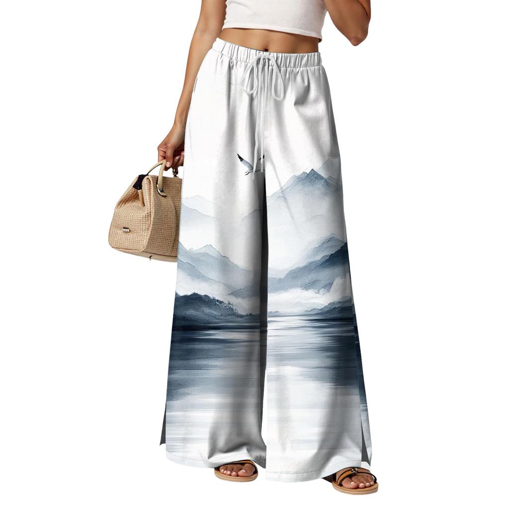 Womens Floral Print Wide Leg Pants Loose Fit Trousers With Two Side Splits Casual Lounge Wear Beach Vacation Outfits 2025