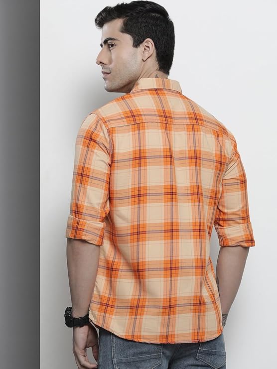 Men Slim Fit Checkered Full Sleeves Spread Collar Casual Shirt ( Rust )