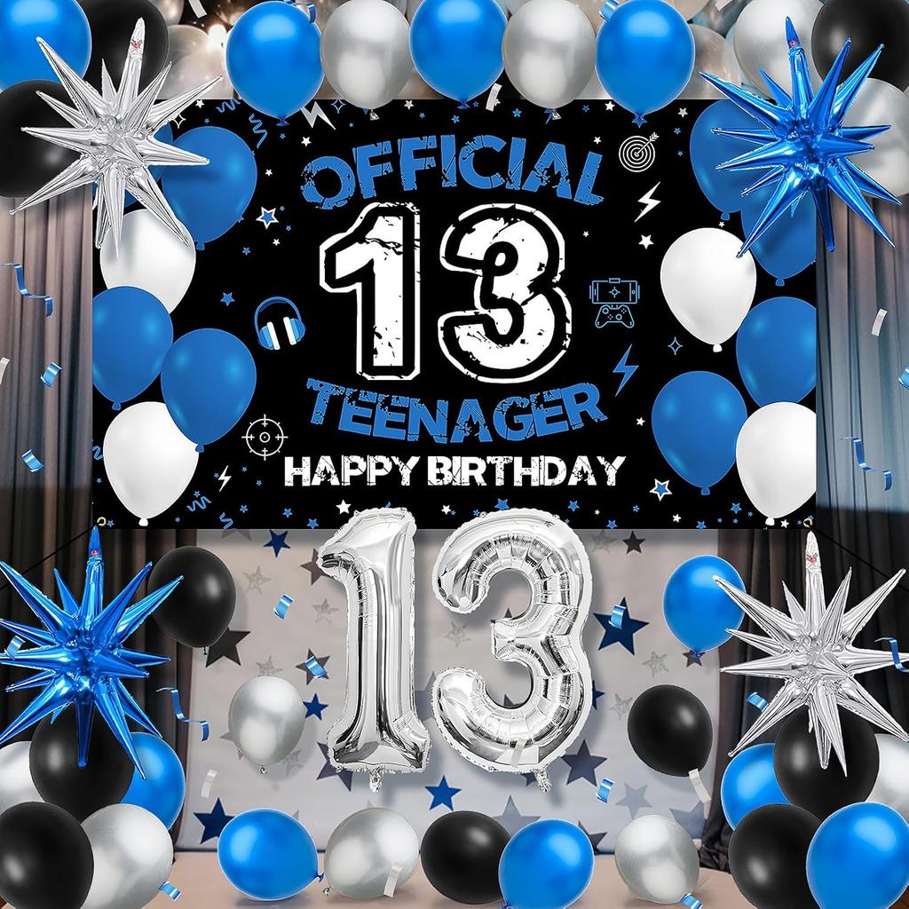 Vicycaty 13th Birthday Decorations for Boys Girls, Official Teenager 13 Years Old Birthday Party Supplies Set with Fabric Backdrop Banner, Foil