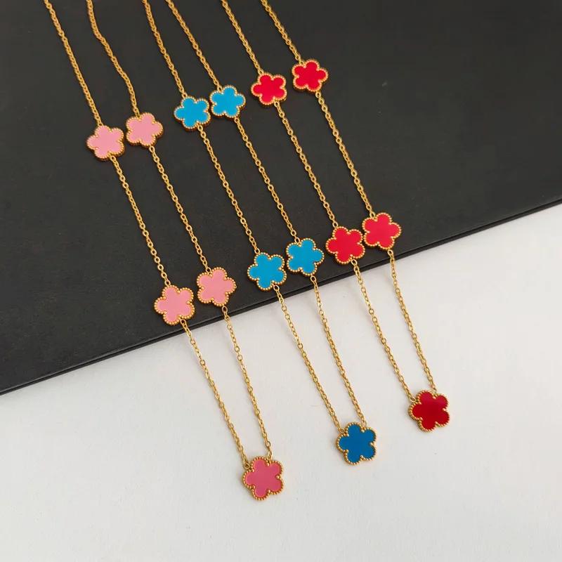 Double-sided Plant  Flower Necklace Earrings Zircon Set for Women Stainless Steel Water Proof Clover Zircon Gifts