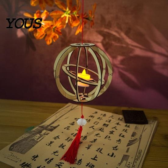 Wooden Lantern Toy DIY Kit for Mid-Autumn Festival, Hollow Rotating Ring with Rabbit, Handmade LED Candle Tassels