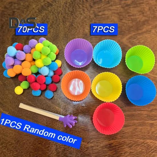 78Pcs/Set Kids Color Sorting Toy with 7 Bowls 70 Pompoms Clip Preschool Learning Ball Counting Matching Game Toddlers Boys Girls Educational Color