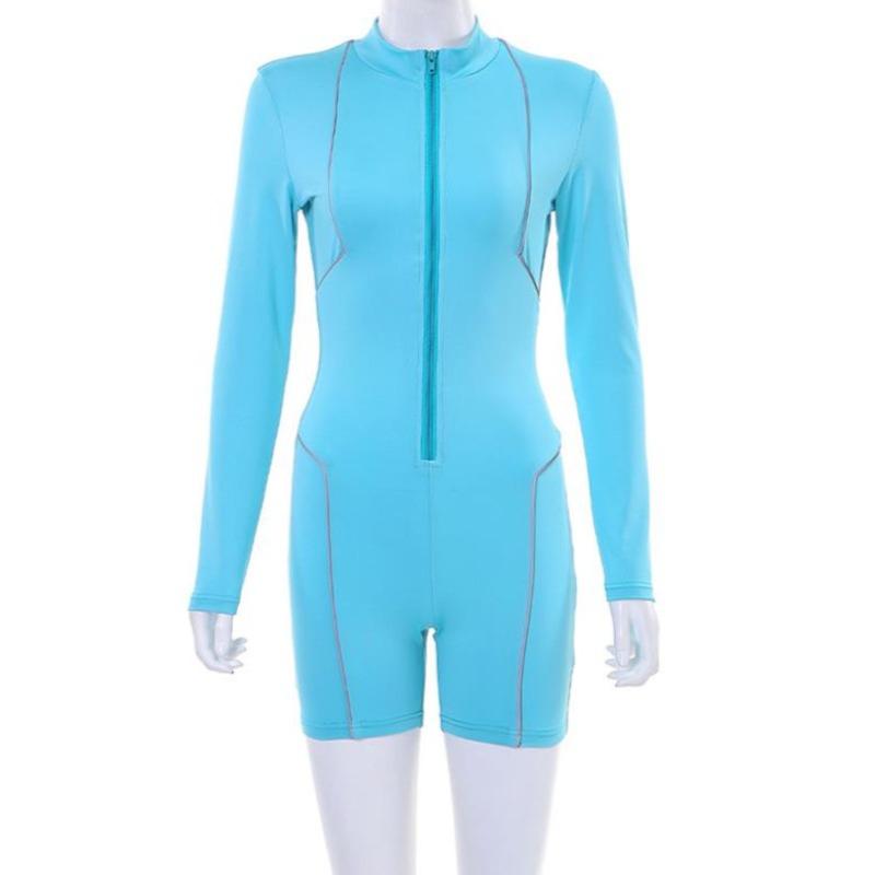 

Модный новый повседневный комбинезон с длинным рукавом и молнией для женщин, элегантный облегающий однотонный женский комбинезон, простой спортивный костюм для йоги 25830 L небесно-голубой