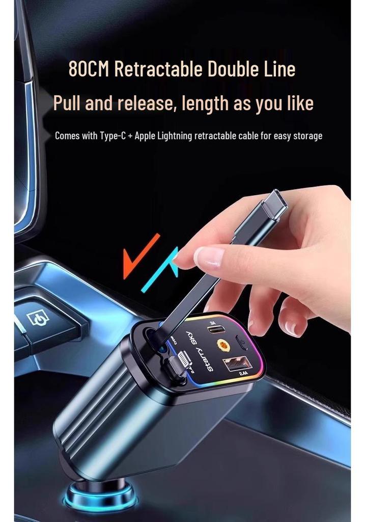 Retractable 4-in-1 Car Charger with RGB Ambient Light and Starry Sky Ceiling.