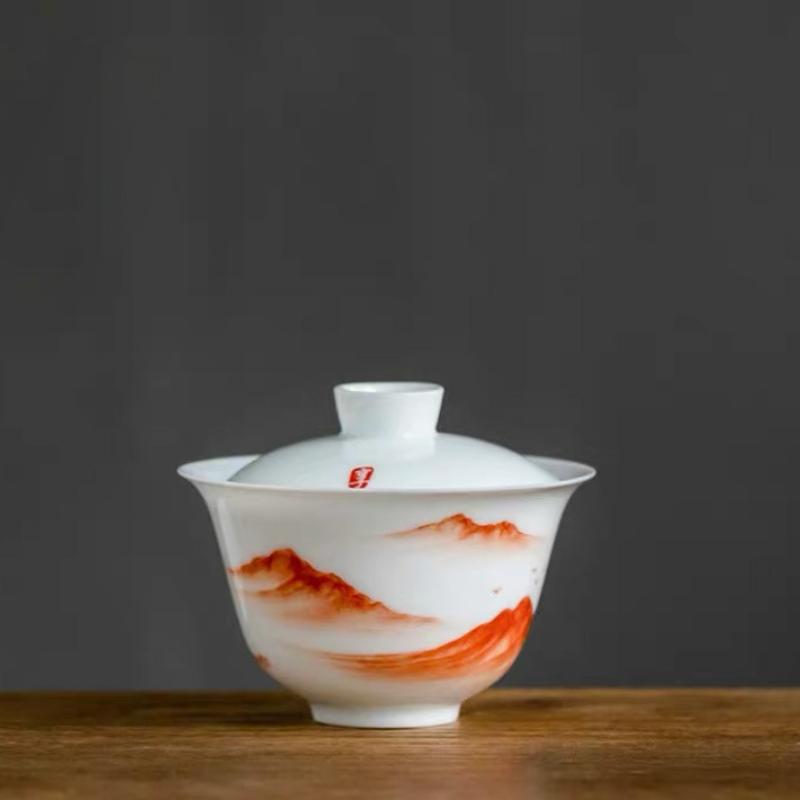 

White Porcelain Sancai Teacup Ceramic Hand-Painted Gaiwan Chinese Kung Fu Tea Brewing Bowl Retro Tea Ceremony Set Tureen Teaware