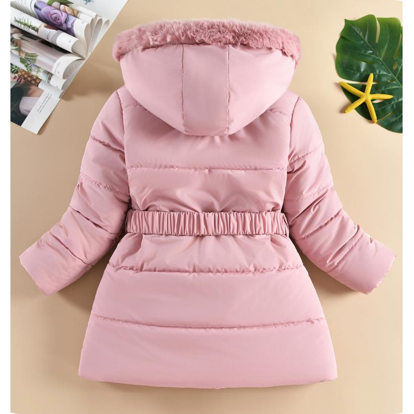 Winter Girls' Mid-length Cotton-padded Jacket, Western-style Heart-shaped Rhombic Pattern Cotton-padded Coat, Fur Collar, Hooded Jacket
